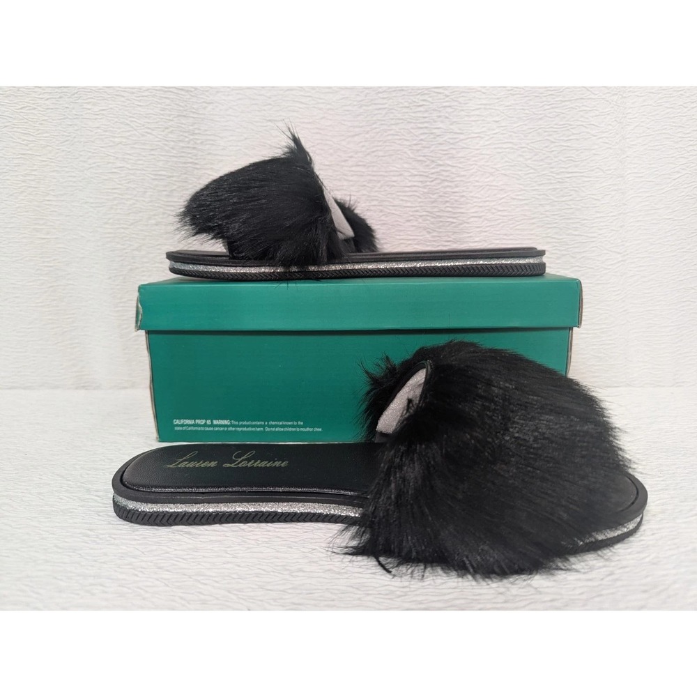 Lauren Lorraine Black Faux Fur Slide Sandals Slippers Mules Shoes Box Lg/ #S1120